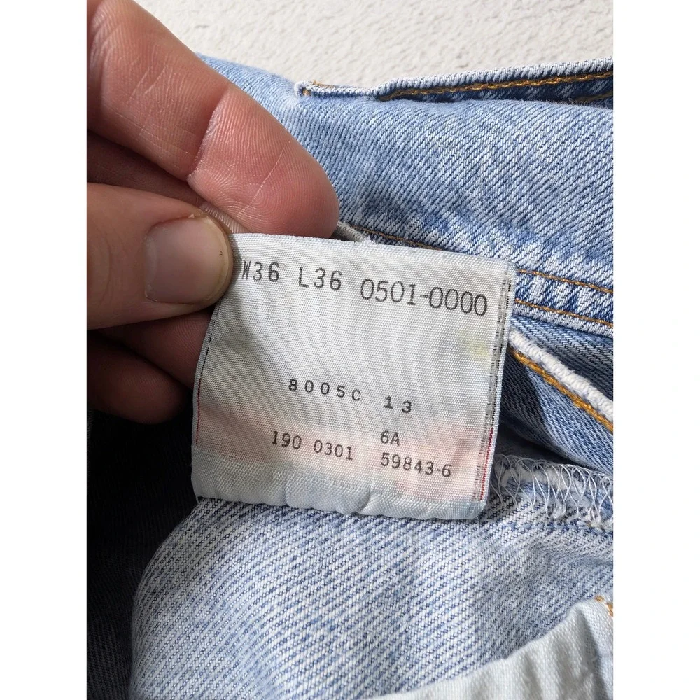 Levi's 501xx Jeans Mens 36/36 (33x27.5) Light Blue Straight Button Fly Raw‎ Hem
